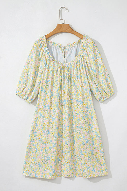 Charming Floral Print Frilled Half Sleeve U Neck A-Line Dress
